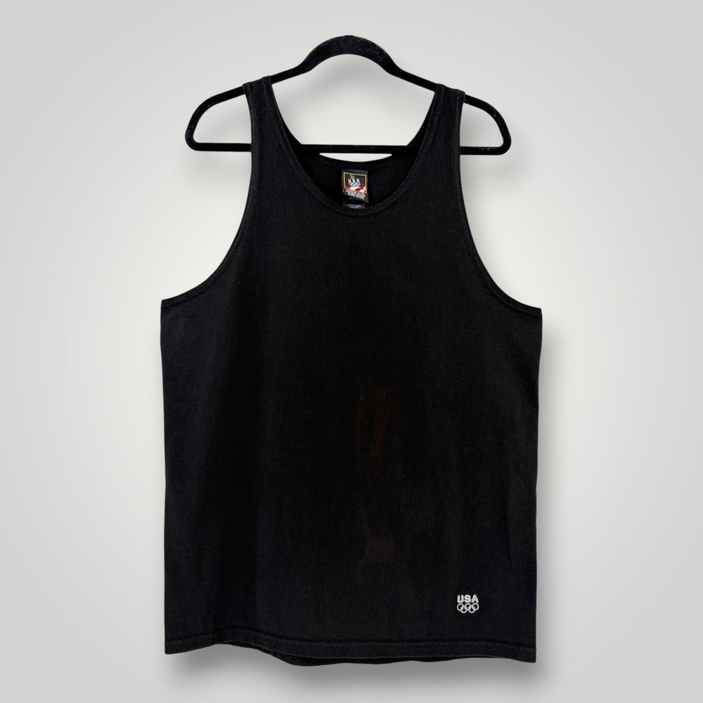 Vintage USA Olympic Tank Top M Black Made USA Embroidered Rings 90s